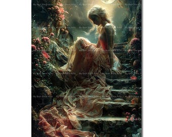 Persephone In the Garden Art Print - Witchy Whimsical Gothic Picture, Dark Academia Poster, Goddess of Spring Wall Decor