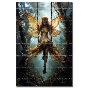 Golden Fairy on Swing Art Print - Fantasy Cottagecore Picture, Celestial Fae Poster, Cute Forest Pixie Wall Decor