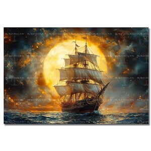 Ship and Moon Art Print - Dark Academia Poster, Gothic Pirate Wall Decor, Magical Fantasy Painting, Galleon Decor, Nautical Art Gift