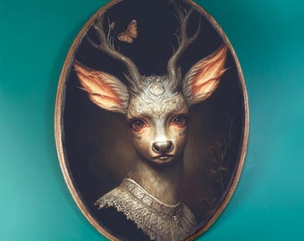 May include: A painting of a deer with antlers made of branches, wearing a lace collar and a butterfly perched on its antlers. The deer has a white face with intricate details and large, expressive eyes.