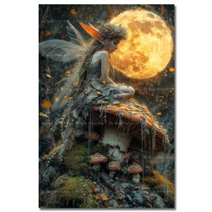 Moonlight Fairy Art Print - Fantasy Cottagecore Picture, Whimsical Gothic Fairycore Poster, Fae Wall Decor