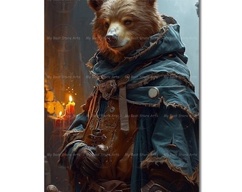 Bear Warrior Art Print - Fantasy Gothic Animal Wall Art, Medieval Grizzly Decor, Brown Bear Hero Poster