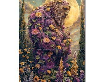 Flower Bigfoot Art Print - Cottagecore Fantasy Picture, Cute Sasquatch Poster, Mythical Woodland Monster Wall Decor