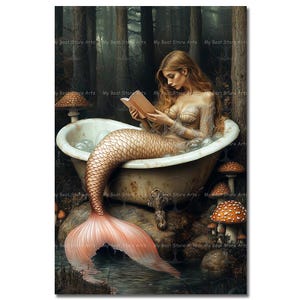 Bathtub Siren Art Print | Cottagecore Fantasy Decor | Mystical Mermaid Poster | Whimsical Gothic Fairytale Bathroom Wall Art