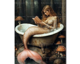 Bathtub Siren Art Print | Cottagecore Fantasy Decor | Mystical Mermaid Poster | Whimsical Gothic Fairytale Bathroom Wall Art