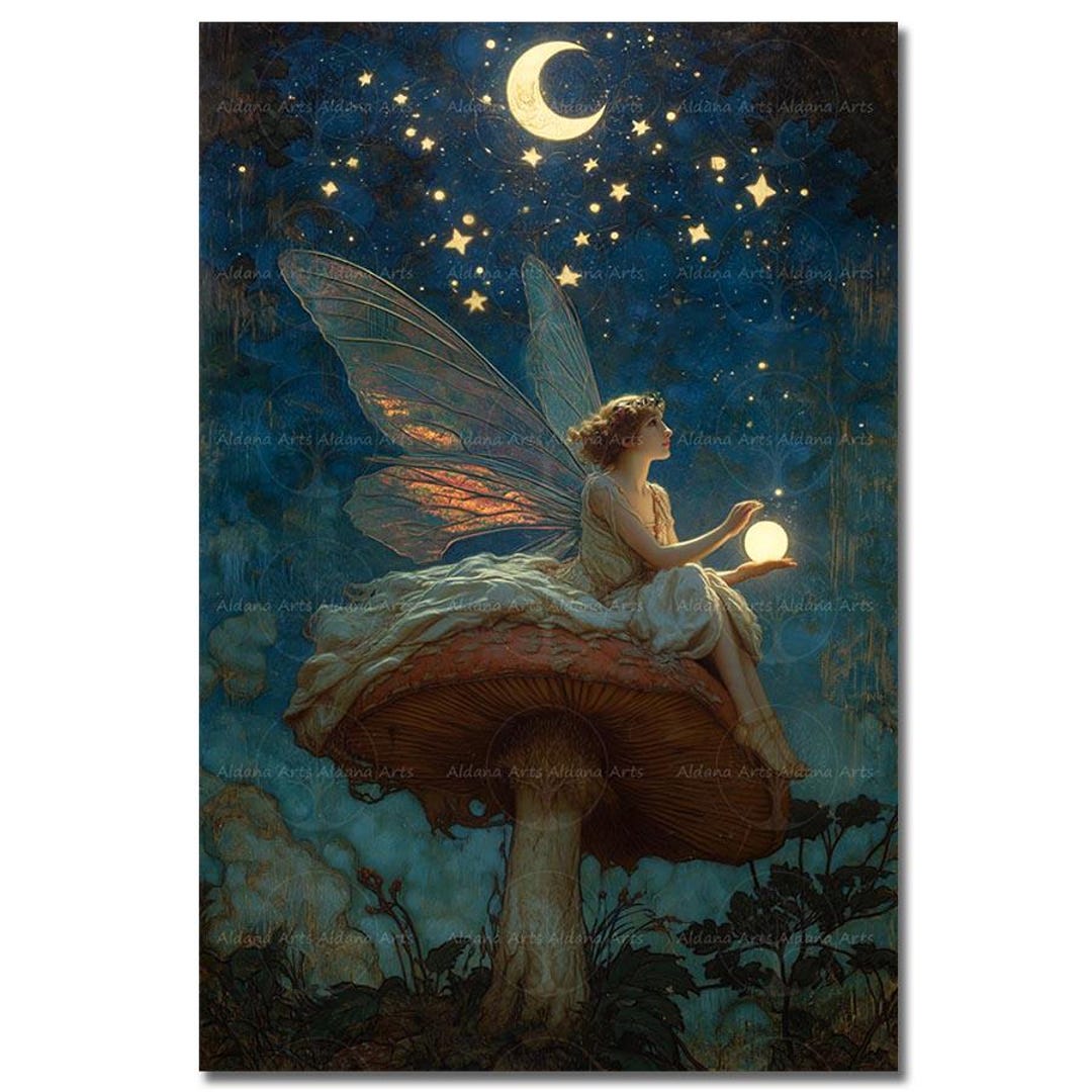 Moonlight Fairy Art Print - Fantasy Poster, Fairytale Night Wall Decor ...