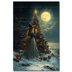 May include: A digital art print featuring a woman in a witch hat holding a candle in front of a Christmas tree decorated with jack-o'-lanterns. A full moon shines in the night sky. The scene is set in a snowy landscape.