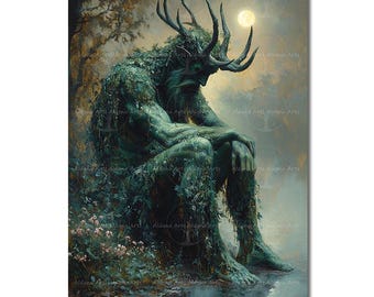 Moody Cernunnos Luster Art Print - Pagan Altar Poster, Witchy Mystical Esoteric Picture, Gothic Cottagecore Wall Decor