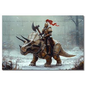 Triceratops and Knight Art Print - Fantasy Poster, Gothic Dark Academia Picture, Game Room Dinosaur Decor, Moody Prehistoric Animal