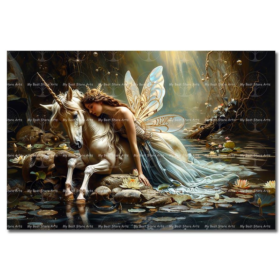 Fairy and Unicorn Art Print - Fantasy Cottagecore Picture, Fae