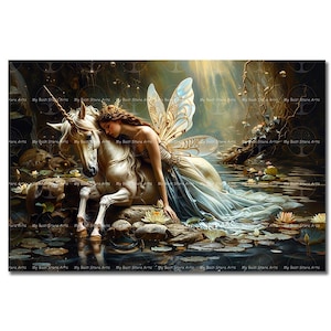 Fairy and Unicorn Art Print - Fantasy Cottagecore Picture, Fae Poster, Whimsical Horse Nature Wall Decor, Pixie, Folklore Fairytale