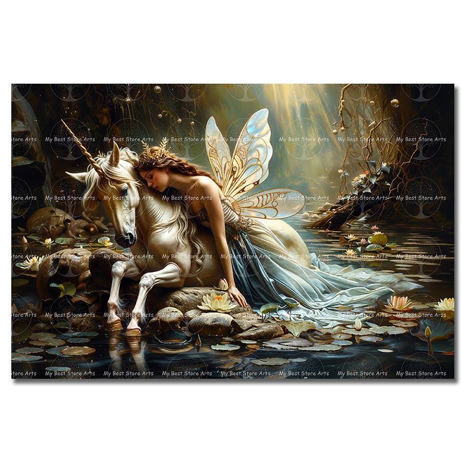 Fairy and Unicorn Art Print - Fantasy Cottagecore Picture, Fae