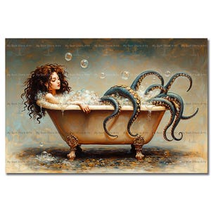 Octopus Siren Bathtub Art Print - Octomaid Mermaid Poster, Moody Fantasy Decor, Ocean Folklore Picture, Gothic Bathroom Decor