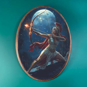 May include: Oval-shaped artwork depicting a woman archer aiming a flaming arrow under a full moon. The archer is clad in silver armor and a red cape, set against a dark, starry sky. The artwork is framed with a gold border.