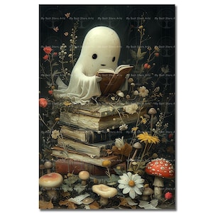 Ghost Reading a Book Art Print - Bookish Picture, Witchy Dark Academia Wall Decor, Cute Halloween Poster