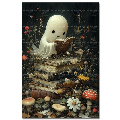 Ghost Reading a Book Art Print - Bookish Picture, Witchy Dark Academia Wall Decor, Cute Halloween Poster