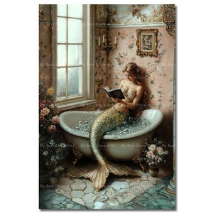 Mermaid in Bathtub Art Print - Victorian Fantasy Siren Wall Decor, Reading Picture, Bathroom Decor, Fairytale Nymph, Antique-Themed