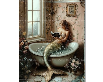Mermaid in Bathtub Art Print - Victorian Fantasy Siren Wall Decor, Reading Picture, Bathroom Decor, Fairytale Nymph, Antique-Themed