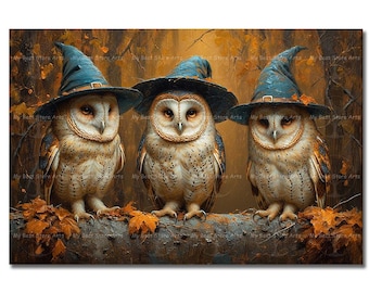 Witchy Barn Owls Art Print - Cottagecore Fantasy Picture, Cute Animal Wall Decor, Gothic Halloween Poster