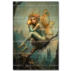 Fairy and Bird Nest Art Print - Fantasy Cottagecore Picture, Fae Poster, Celestial Whimsical Castle Wall Decor, Pixie Faerie, Folklore