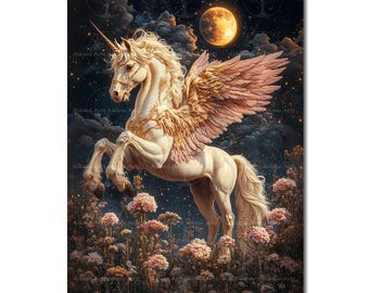 Unicorn Pegasus Art Print - Fantasy Cottagecore Picture, Fairytale Poster, Greek Mythological Winged Horse Wall Decor