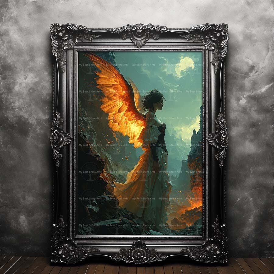 Wings of Fire Art Print - Fantasy Poster, Dreamcore Angel, Gothic Surreal Picture, Celestial Lady, Magical Enchanted Painting, C763