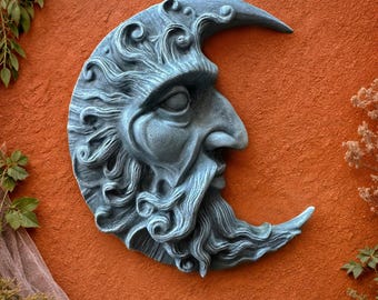 Crescent Moon Face Wall Sculpture - Hand-Painted Concrete Decor, Mystical Celestial Fine Art, Moody Whimsical Gothic Decor