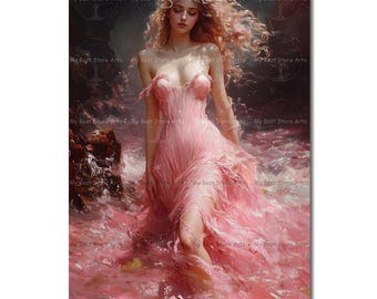 Aphrodite in Pink Art Print - Greek Goddess Love Beauty, Gothic Venus Picture, Ocean Wall Decor, Celestial Pagan Poster