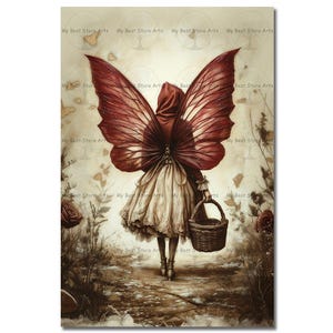 May include: An art print depicting a figure with large, red butterfly wings and a hooded cloak, carrying a woven basket. The figure wears a cream-coloured dress. The background includes floral elements and the text "My Best Store Arts".
