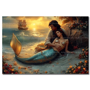 Pirate and Mermaid Art Print - Romance Poster, Beach Siren Wall Decor, Valentines Gift, Sunset Picture