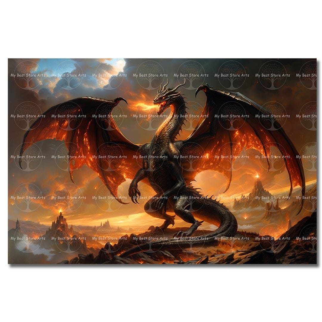 Fire Breathing Dragon Art Print - Fantasy Poster, Gothic Dark Academia ...