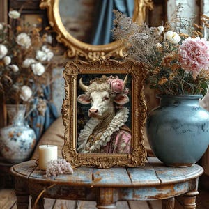 May include: A framed portrait of a white cow wearing a pink and white dress and a crown of flowers. The frame is ornate and gold with a distressed finish. The portrait is sitting on a wooden table with a vase of flowers in the background.