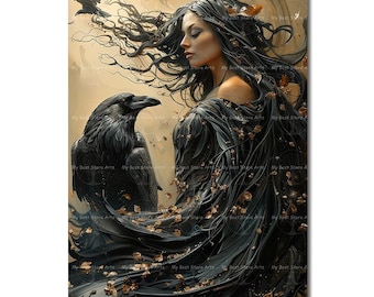 Morrigan Celtic Goddess Art Print - Witchy Raven, Gothic Picture, Dark Academia Wall Decor, Pagan Poster, Altar Art