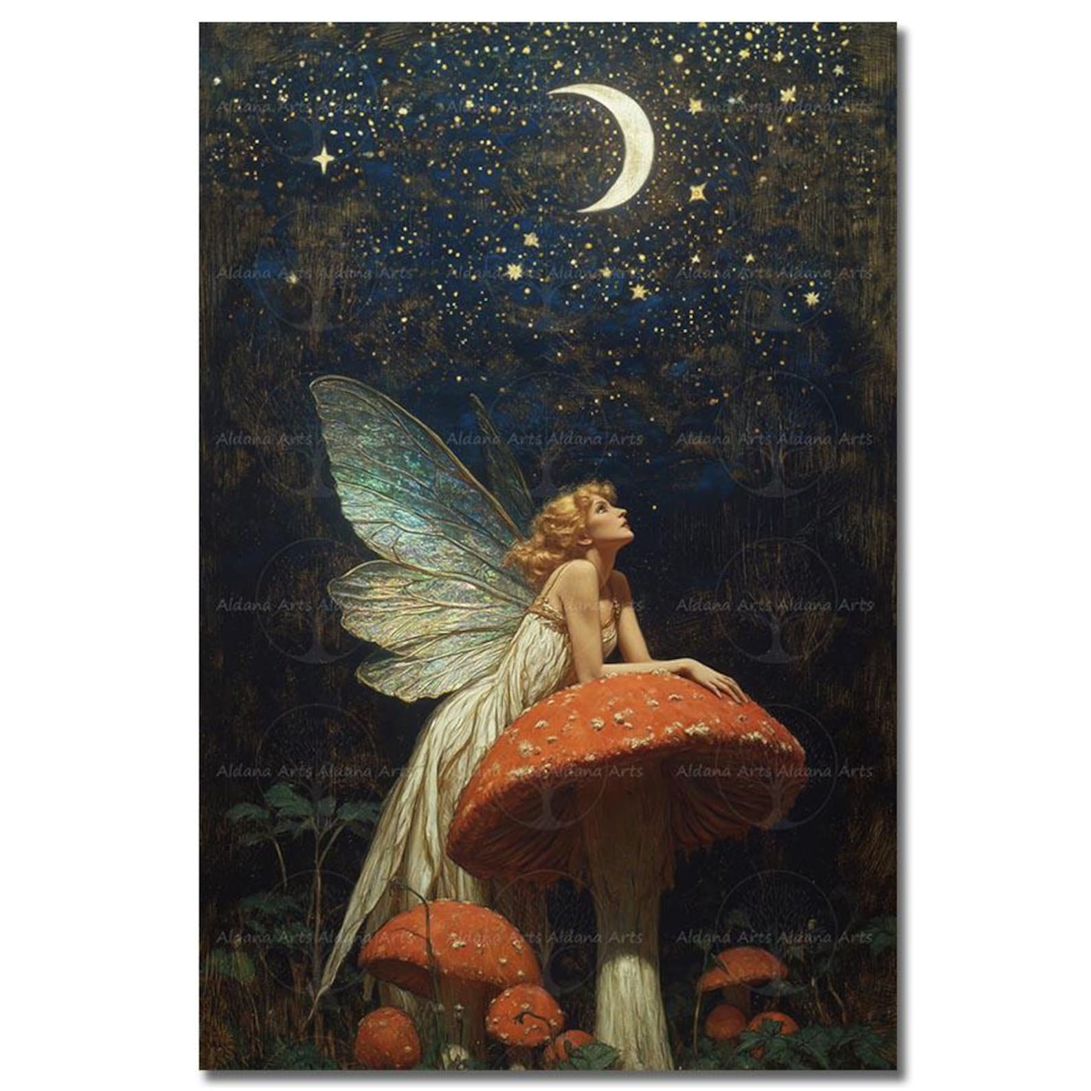 Moon Fairy Art Print - Fantasy Poster, Celestial Fairytale Night Wall ...