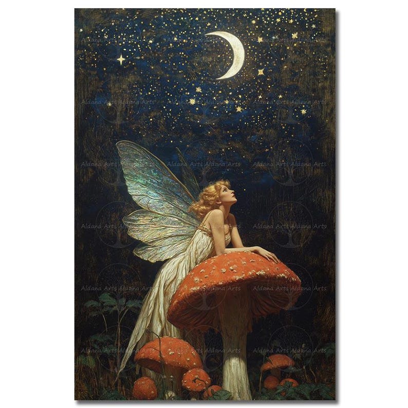 Moon Fairy Art Print - Fantasy Poster, Celestial Fairytale Night Wall ...