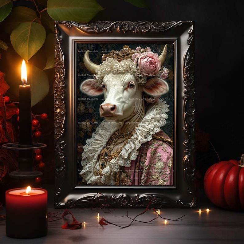 May include: A white cow with a crown of flowers and a lace collar, wearing a pink and white dress, against a dark background.