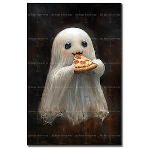 Pizza Ghost Art Print - Witchy Dark Academia Wall Decor, Halloween Home Decor, Funny Cute Fantasy Picture, Spooky Whimsical Poster