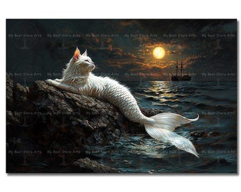 Mermaid Cat Art Print - Mystical Ocean Cat Poster, Moody Gothic Fantasy Decor, Witchy Elegant Animal Picture, Odd Nautical Sea Creature
