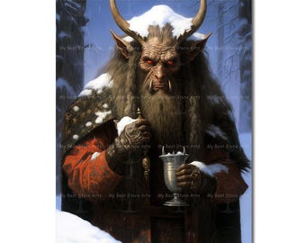 Krampus Snow Art Print - Spooky Dark Academia Christmas Poster, Witchy Fantasy Holdiay Wall Art, Folklore Demon Picture