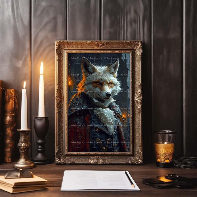 May include: A framed illustration of a fox wearing a blue and red suit with a white cravat. The fox has a white and orange coat and is looking directly at the viewer. The background is a dark, blurry cityscape.