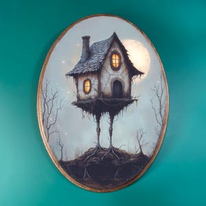 May include: A whimsical painting of a small, white house with glowing windows, perched on spindly legs in a dark, moonlit forest. The house has a gray roof and a chimney, and the forest is filled with bare trees.