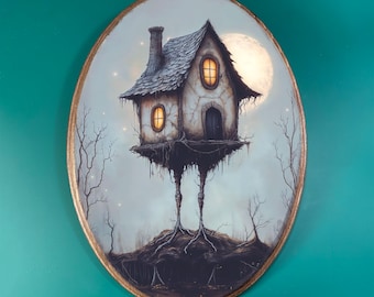 Cute Baba Yaga House Wooden Decor- Witchy Fantasy, Vintage Style Wood Plaque, Gothic Slavic Folklore Wall Art, Dark Academia Spooky Esoteric