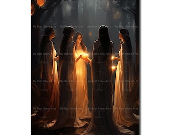 Witchy Coven Art Print -Fantasy Gothic Picture, Mystical Poster, Dark Academia Wall Decor