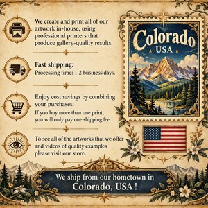 May include: A vintage-style informational graphic featuring a postage stamp illustration of Colorado USA mountains, a small American flag, and four circular icons. The text includes 'Colorado USA', 'We create and print all of our artwork in-house', and 'We ship from our hometown in Colorado, USA!'