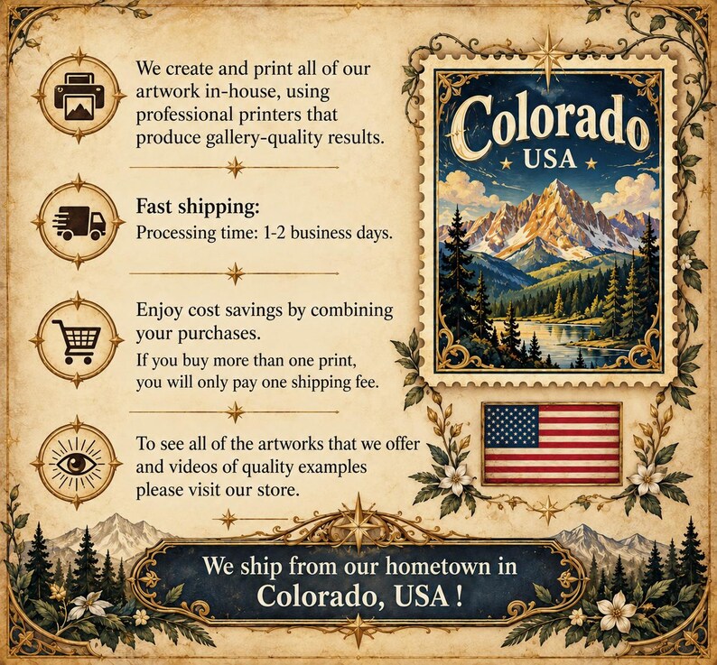 May include: A vintage-style informational graphic featuring a postage stamp illustration of Colorado USA mountains, a small American flag, and four circular icons. The text includes 'Colorado USA', 'We create and print all of our artwork in-house', and 'We ship from our hometown in Colorado, USA!'