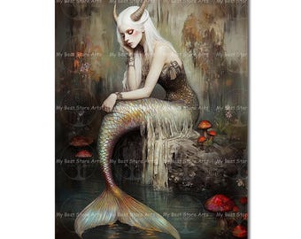 Dragon Mermaid Art Print - Cottagecore Siren Poster, Fantasy Decor, Moody Dark Academia Gothic Picture
