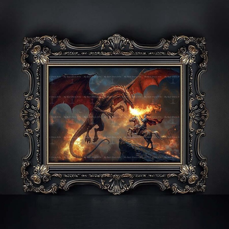 Dragon and Knight Art Print - Fantasy Poster, Gothic Dark Academia ...