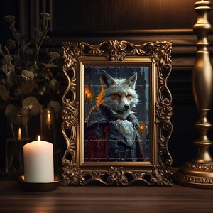 May include: A framed print of a fox wearing a suit and a ruffled collar. The fox is white with orange markings and has a serious expression. The frame is ornate and gold.