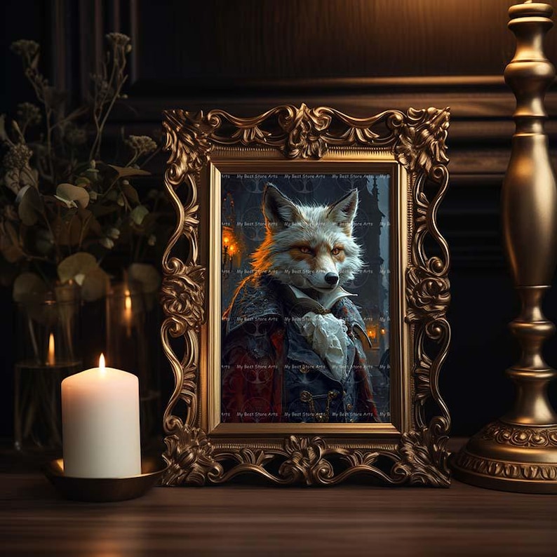 May include: A framed print of a fox wearing a suit and a ruffled collar. The fox is white with orange markings and has a serious expression. The frame is ornate and gold.