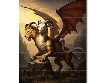 Chimera Art Print - Mythology Fantasy Creature Decor, Gothic Dark Academia Poster, Spooky Creature, Moody Snake Lion Goat Dragon Beast